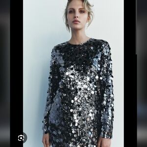 Zara Shimmering Silver Sequin Long Sleeve Mini Dress